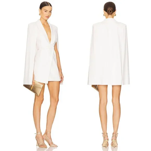 Katie May Boss Lady Cape Sleeves Mini Dress Ivory Padded Shoulders Sz Medium